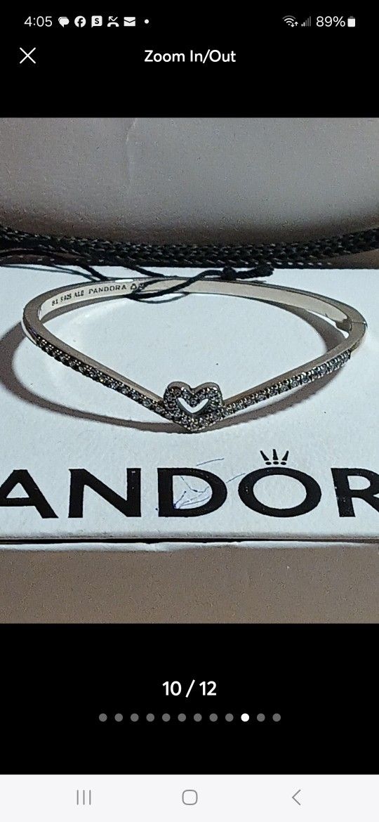 Pandora Authentic Brand New Sterling Silver Sparkling Heart Wishbone Solid Bangle Bracelet 6.7 -7.5 Available