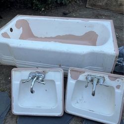 Vintage 1940s/50s Pink Cast Iron Tub & Sinks