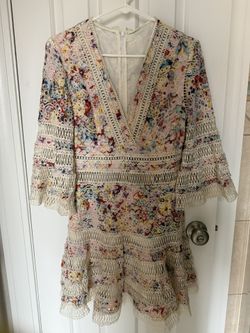 Pink Floral Flutter Lace Mini Dress, Bell Sleeve V-neck Sz XS US (M China)