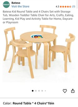 Bateso Kid Round Table and 4 Chairs Set with Storage Tub, Wooden Toddler Table Chair for Arts, Crafts, Eating, Learning, Kid Play and Activity Table f