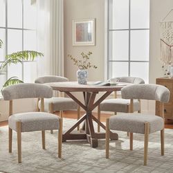 A233-Wooden Dining Chairs Set of 4, Modern Upholstered Dining Room Chairs with Rubberwood Legs and Curved Backrest, Fabric Kitchen Chairs for Farmhous