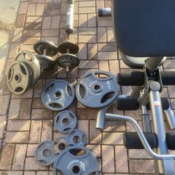 Gold’s Gym XRS 20 Olympic Weight Bench Set W/245lbs & Barbell‼️