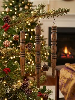 Three Hand-turned Wood Icicle Ornaments Christmas Tree Decorations
