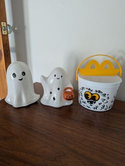 At Home ceramic ghost+Target Bullseye's Playground ceramic light up ghost+2024 McDonald's Boo Bucket
