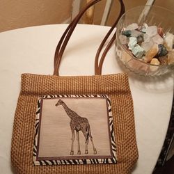 Vintage Woven Rattan Wicker Handbag With Brown Leather/Zebra Print Trim Giraffe