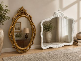 2 Like NEW WayFair Large FRAMED MIRRORS Gold Ornate Oval White French Provisional