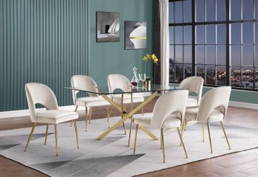 New Glass Top 7-PC Estella Dining Set With Cream Velvet Chairs 