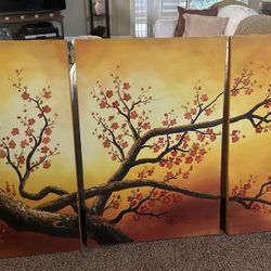 Hand Painted 3 Piece Chinese Plum Blossom Flower Painting Canvas