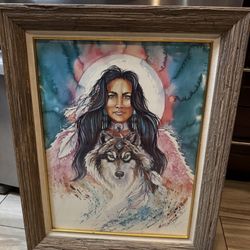 Vintage JAN TAYLOR SIGNED Indian Squaw She Wolf Feather Moon  In Beautiful Frame