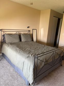 Queen Size Iron Bed Frame with Mattress and Box.
