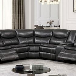 Brand New Grey Leather Reclining Sectional Sofa 