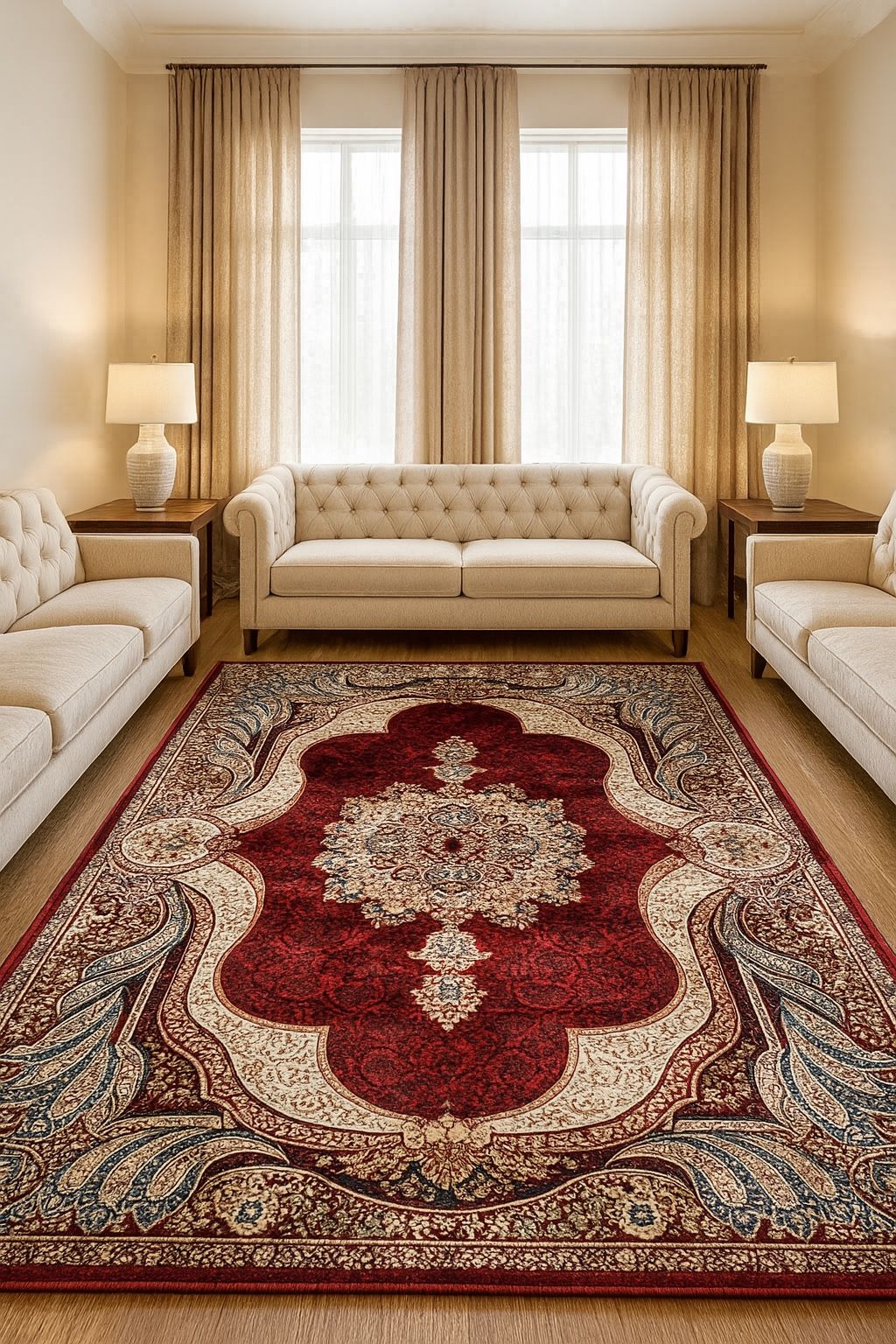 8x10 Silk Pile Persian Area Rug Red Beige Medallion Design
