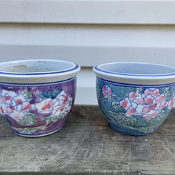 2 Small Oriental Style Herb Garden Pot  Planter Colorful Flowers 4 3/4”