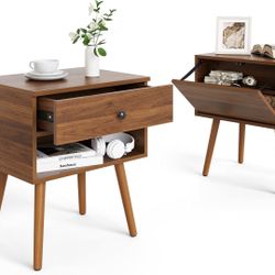 Set 2 Hidden Compartment Night Stand, End Table with Storage Drawer, Bedside Table with Wood Legs (Walnut)