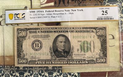 1934 United States Federal Reserve $500 Note New York