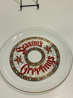 14” Vintage Culver Seasons Greetings Glass Round Tray Platter Serving Plate