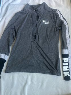 Victoria's Secret PINK gray quarter zip sweatshirt with white stripes on sleeves