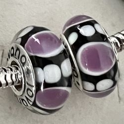 2 Charms For Pandora Purple Black Murano Charms 925 Sterling Silver Cores