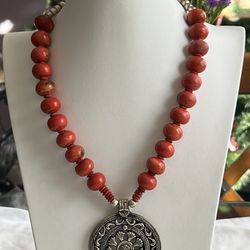 Vintage Coral And Unique Pendant Necklace For Sale