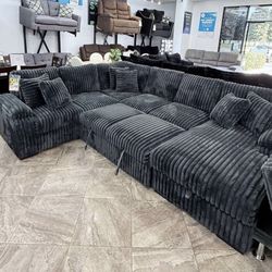 Brand New Super Plush Dark Grey Comfy Corduroy Pullout Sectional 