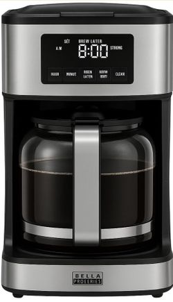 BELLAS PRO Series 12-Cup Programmable Coffee Maker, Stainless Steel and Black, Digital Display, Brew Later Function