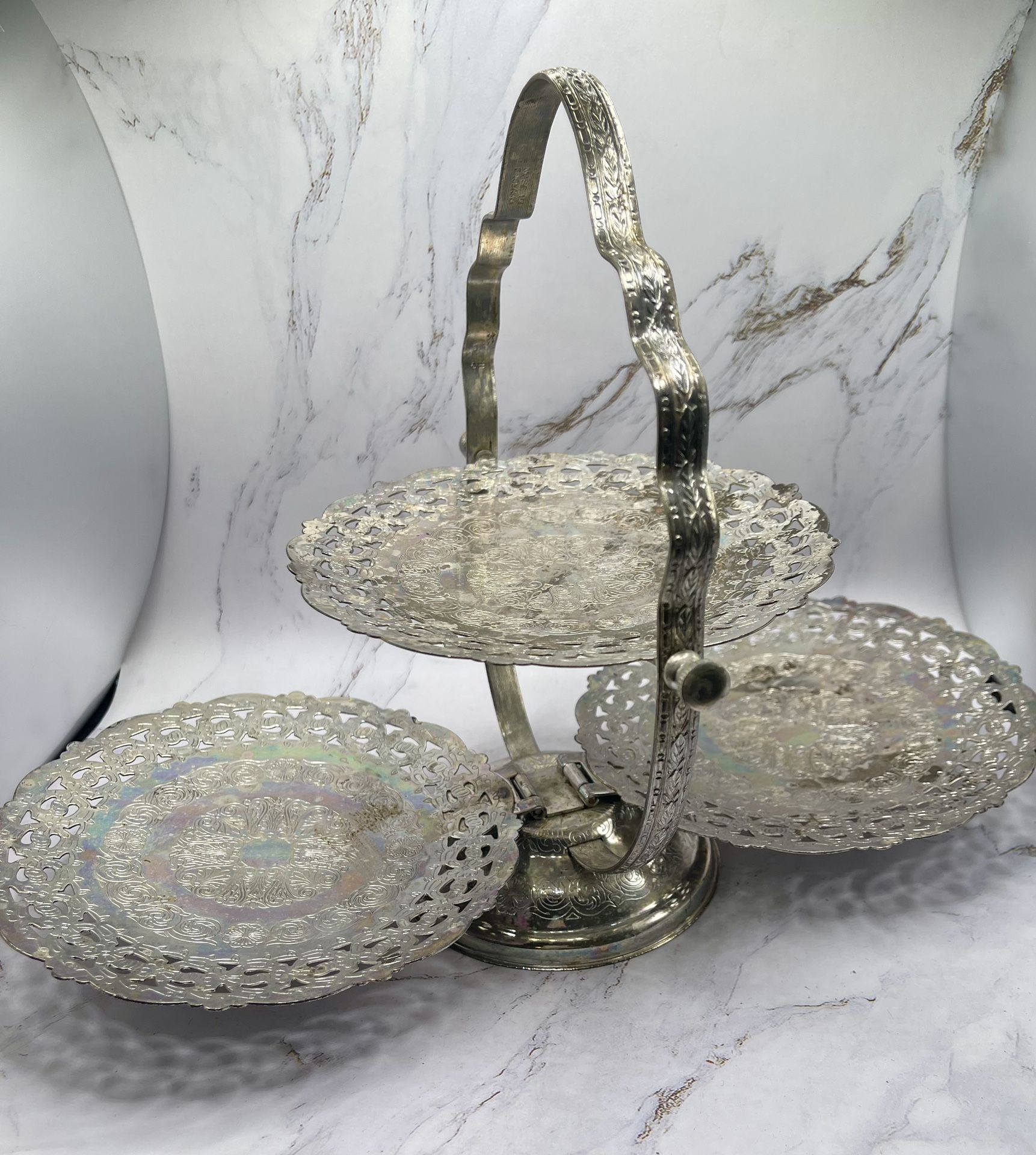 Vintage 3 Tier Foldable Clam Shell Silver-Plate Cake Stand Serving Tray Handle