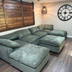 Green Sectional Sofa With Deep Seating Extra Wide Seats & Over Sized Ottomans