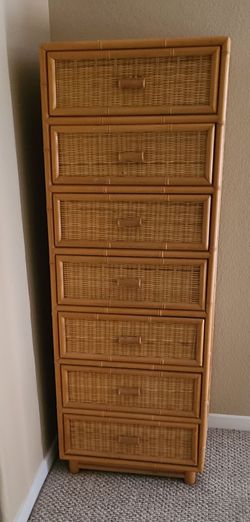 Tall Rattan Lingerie Dresser 7 Drawer - Coastal Vintage Wicker Storage Chest, Retro