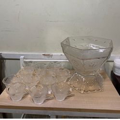 Vtg Hazel Atlas Glass Federal Americana Eagle Stars Punch 2 Bowls &12 Cups