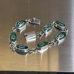 VTG Taxco Mexico Sterling Silver Bracelet .925 Malaquite Inlay 39 Grams, Rare