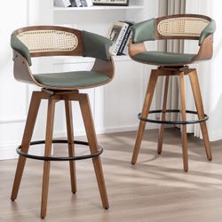 Set of 2 - 26.4 inch Counter Height BarStools with Rattan Back, Walnut Craftsmanship, Faux Leather Upholstered Seat, Kitchen Island Stools for Kitchen