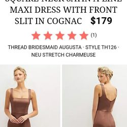 Dessy Group Bridesmaid Dress  Square-Neck Satin A-line Maxi Dress with Front Slit in Cognac