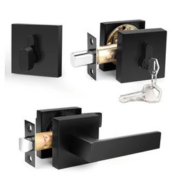 Flat Black Door Handles with Single Cylinder Deadbolts Combo Pack