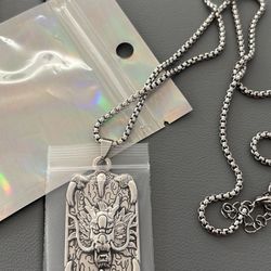 Stainless steel vintage dragon tag pendant necklace