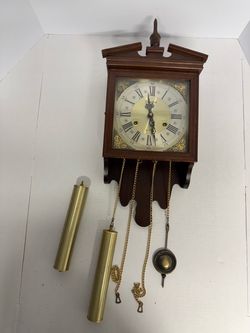 Vintage Wood Wall Clock with Brass Weights