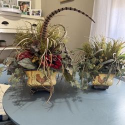 2 Beautiful Aluminum Planters With Faux Plants 