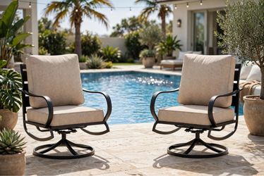 NEW PHI VILLA Steel Swivel Patio Chair Set of 2 with 5.75" Thick Cushion, Beige 2 Piece High Back