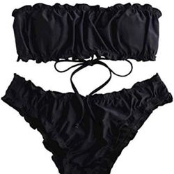 Women's Striped Smocked Bandeau Bikini Set Strapless Shirred Padded Two Piece Swimsuits