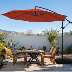 10ft Patio Umbrella with Base Included, Outdoor Offset Cantilever Umbrella with Sandbag Base for Backyard, Garden and Pool, Easy to Tilt and Crank, Ta