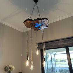 Unique Edge Slab Light Fixture Rustic Wood Chandelier w/ LED Lighting