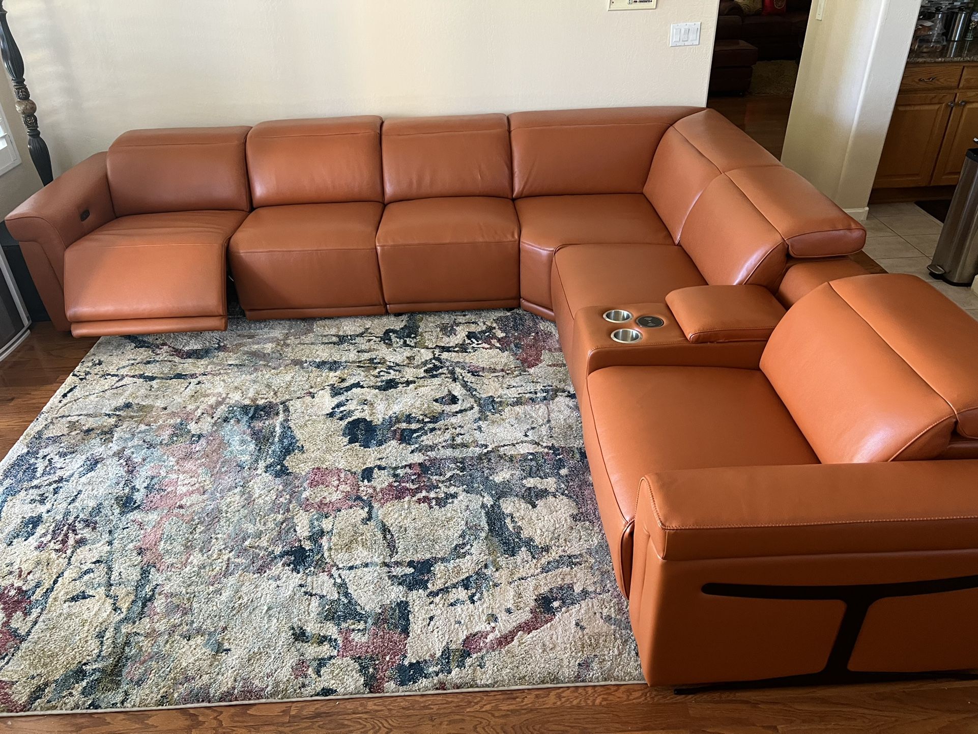 New 7 PC/4 PWR Reclining Sectional. Genuine Italian Leather. Camel. 123” X 138”. Free Delivery!