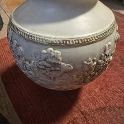 Vintage White Italian Ceramic Vase - Embossed Cherub Scene - Made in Italy - Boise