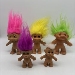 Lot 5 Vintage Troll Dolls DAM Russ Yellow Lime Green Pink Purple Hair Baby Troll