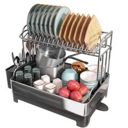 Dish Drying Rack, 304 Stainless Steel 2-Tier Large Dish Rack & Drainboard Set – Full-Size Dish Drainer with Utensil Holder for Kitchen Counter