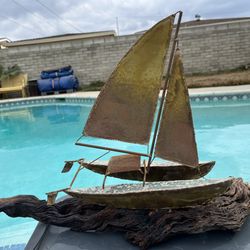 Vintage Brass Sailboat Sculpture on Wood Base