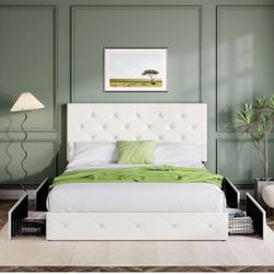 Upholstered Full Size Platform Bed Frame with 4 Storage Drawers White K-10