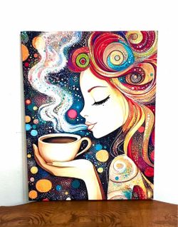 Vibrant Decorative Art of a Woman Drinking Coffee - Like New ☕️Please Read Description