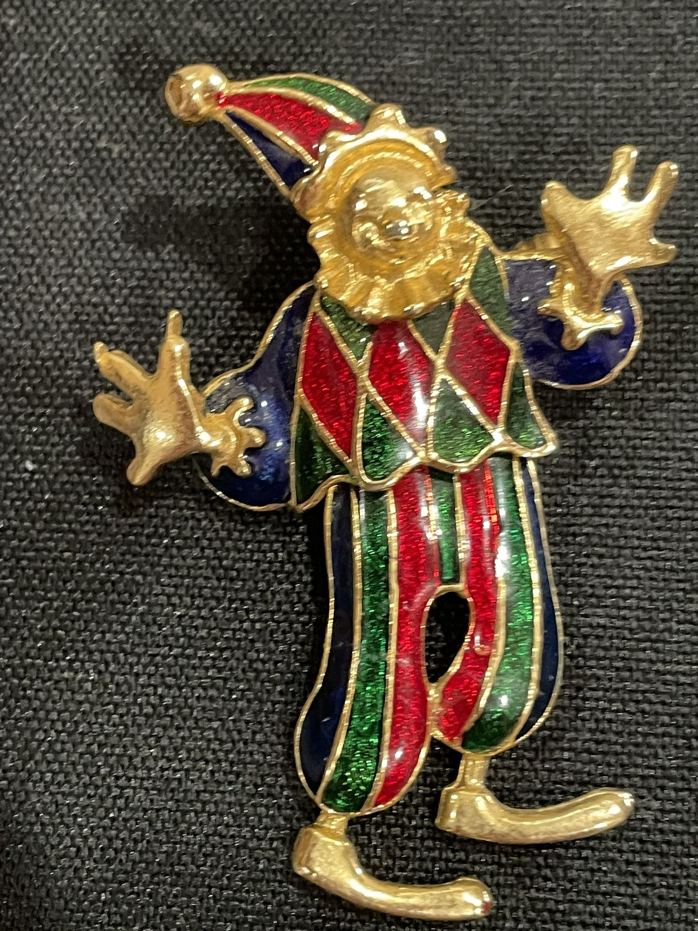 Dancing Clown Brooch-Ruby Red and Eggplant Purple Enamel Gold tone Articulated