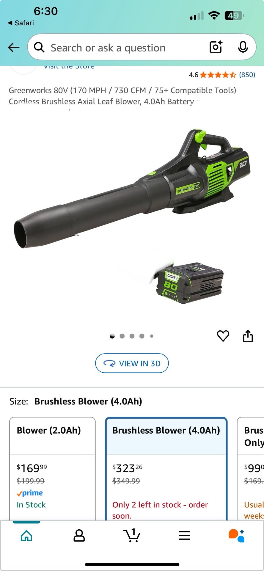 Greenworks 80V (170 MPH / 730 CFM  Cordless Brushless Axial Leaf Blower, 4.0A (NO CHARGER INCLUDED)