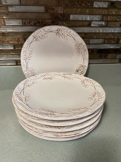 Brand New White Ceramic Dinner Plates with Branch Relief, Set of 6